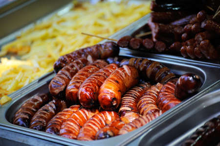 Assortment of grilled sausages . Close-up photo .の写真素材