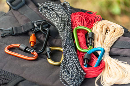 Metal carabine for mountaineering. Photo of colored carabines. Climbing conceptの写真素材