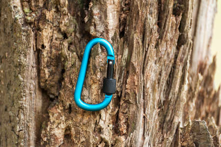Metal carabine for mountaineering. Photo of colored carabines. Climbing concept
