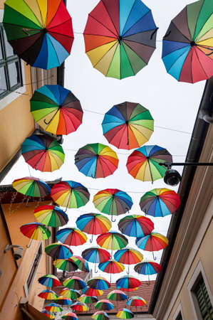 Colorful umbrellas background with blue sky in the city street decorationの写真素材