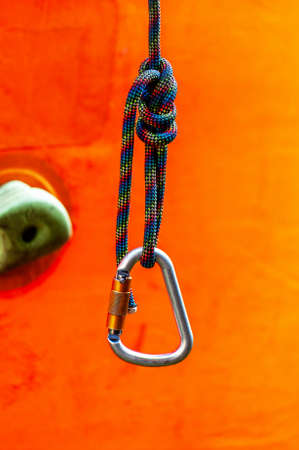 Climbing sports image of a carabiner on a rope close-up.の写真素材