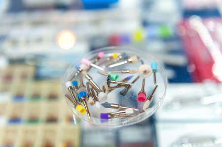 Set of dental brushes for polishing fillings. Medical dental tools closeup in dental office.の写真素材