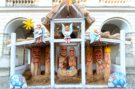 Lviv, Ukraine - January 03, 2021: Ukrainian Lviv city in old town with nativity biblical story scene with birth of Jesus Christ, sheep and kings with gifts on Christmas winter holidayのeditorial素材