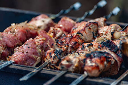 Fresh shish kebab on skewers is fried on the grill. Shish kebab roasting on the grill. BBQ party. Close-up.の写真素材