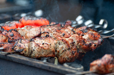 Fresh shish kebab on skewers is fried on the grill. Shish kebab roasting on the grill. BBQ party. Close-up.の写真素材