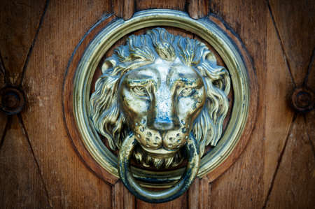 Metal decoration in the form of a lion's head on an old doorの写真素材