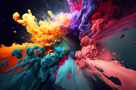 Colored paint splash isolated on black background. Abstract 3D background. 3d render, abstract modern colorful background, Generative AI.の素材