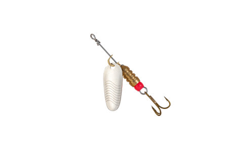 Fishing Spinner (Spoon Lure) Isolated on White background. Tackles for catching of fishes.の写真素材