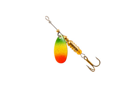 Fishing Spinner (Spoon Lure) Isolated on White background. Tackles for catching of fishes.の写真素材