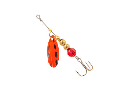 Fishing Spinner (Spoon Lure) Isolated on White background. Tackles for catching of fishes.の写真素材