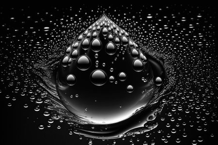 Water drops on black background. Abstract 3d rendering futuristic dots. Generative AI.の素材