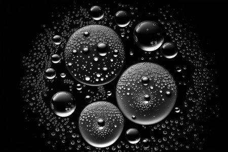 Water drops on black background. Abstract 3d rendering futuristic dots. Generative AI.の素材