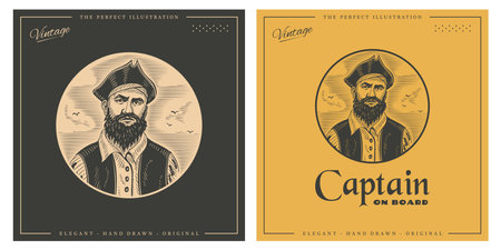 Captain pirate hand drawn retro vintage logo illustration for logoのイラスト素材