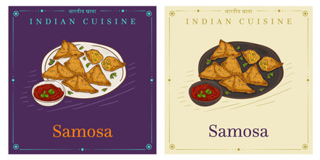 Samosa means Indian pastry dish fried street food snack with a spiced filling with potatoes, spices...
