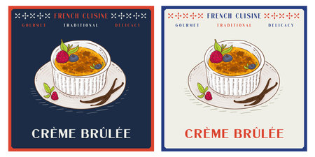 Vanilla creme brulee with berries french dessert served in ramekin ceramic bowlのイラスト素材