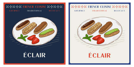 Set of eclairs on plate French pastry illustrationのイラスト素材
