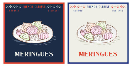 Meringue - French traditional dessert made from whipped egg whites and sugar. Retro vinatage illustrationのイラスト素材