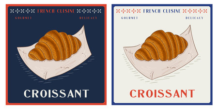 Classic French croissant served on paper vintage retro illustrationのイラスト素材