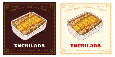 Baked enchilada with cheese in pot retro vintage illustrationのイラスト素材
