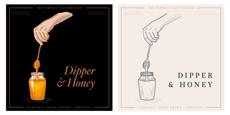 Honey dripping from honey dipper in glass jar, hand with wooden honey thickのイラスト素材