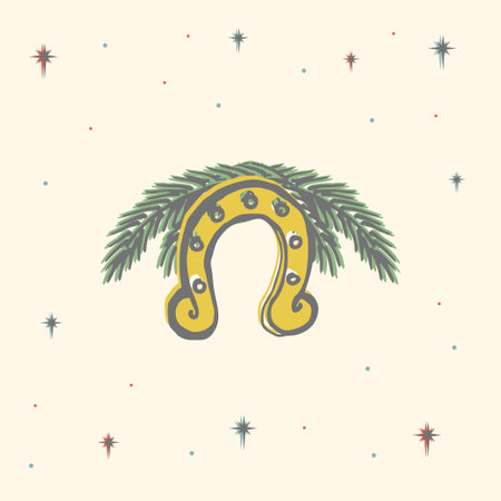 Gold horseshoe on branch vintage christmas decorationのイラスト素材