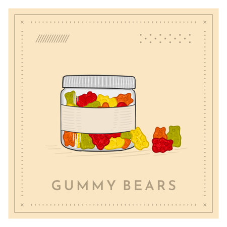 Hemp CBD Gummy bears in jar retro vintage illustrationのイラスト素材