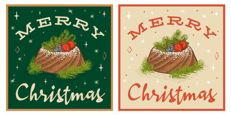 Christmas vintage retro card with cake Merry Christmasのイラスト素材