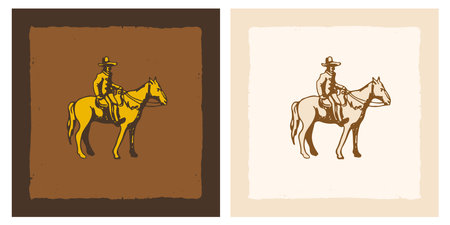 Vintage cowboy riding horse doodleのイラスト素材