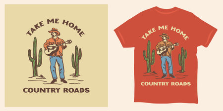 Vintage cowboy with guitar illustration cactus desertのイラスト素材