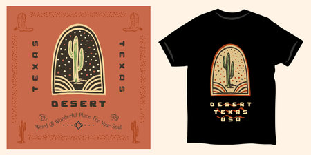 desert texas cactus night sky logo retro vintageのイラスト素材
