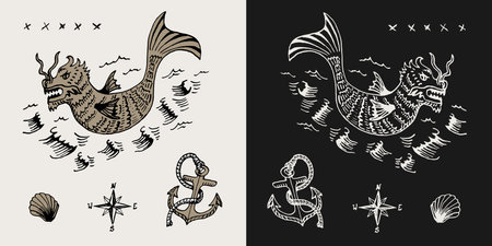 sea monster and anchor sketch vintage retro sea setのイラスト素材