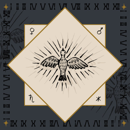 dove pigeon Holy Spirit religious symbol design engraving vector illustration in vintage old medieval styleのイラスト素材