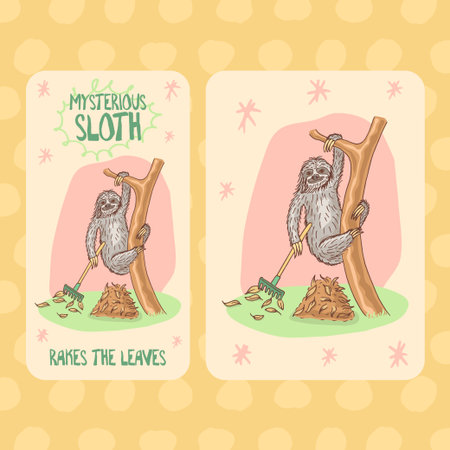sloth rake the leaves cartoon character household chores sketchy and quirky animal illustrationのイラスト素材