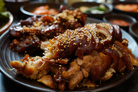 It is a traditional Korean food made by boiling pork leg in soy sauce and cutting it into easy-to-eat pieces.の写真素材
