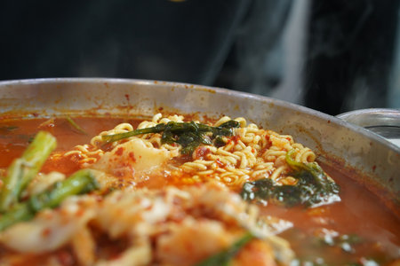 Korean food culture of eating ramen with fish stew seasoned with red pepper powder