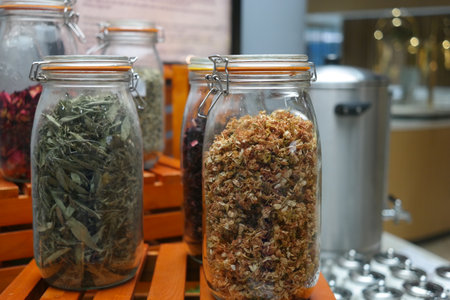 Various kinds of herbal tea in glass jars on wooden pallets.