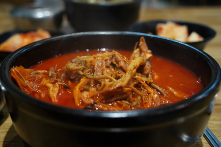 Yukgaejang is a spicy Korean soup dish made by boiling beef, green onions, etc. for a long time.の写真素材