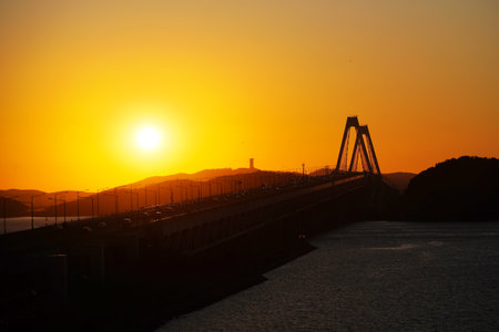 Sunset at the Suspension bridge in Incheon, South Koreaの写真素材