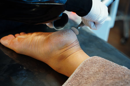 process of pedicure at beauty salon, closeup of legsの写真素材