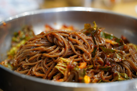 Korean Spicy Buckwheat Noodles with Buckwheat and Gochujangの写真素材