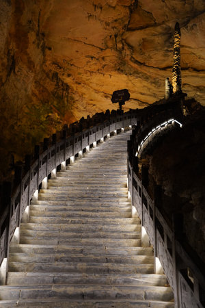Illuminated Staircase Leading into the Mystical Huanglong Cave, Zhangjiajie, China
