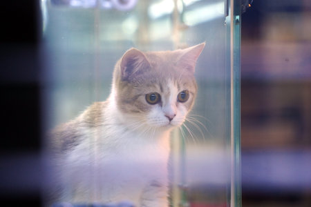 Looking through the glass window of a pet shop at a brown kitten with sad eyes