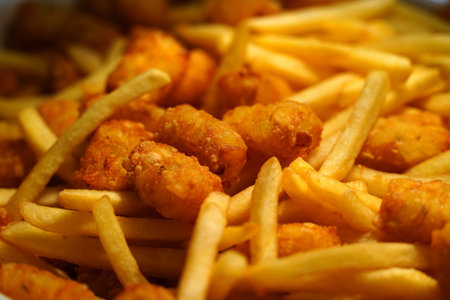 Golden Crispy French Fries and Tater Tots â Close-Up Snack Shotの写真素材