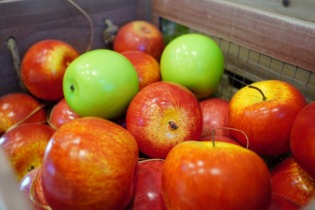 Colorful Apples in a Wooden Crate for Decorationの写真素材