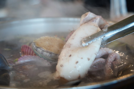 Seafood Kalguksu Noodles with Mixed Seafood, Korean Handmade Noodle Soupの写真素材