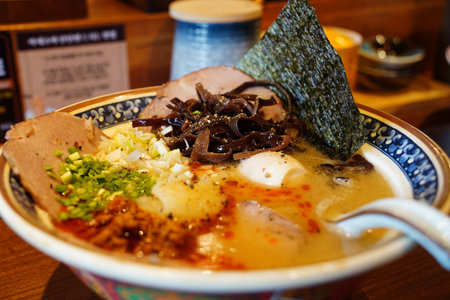 Delicious Japanese Ramen with Various Toppings in a Ceramic Bowl