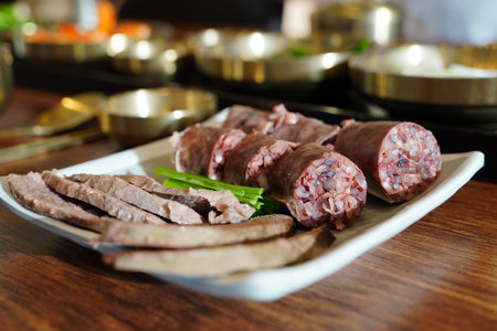 Korean Sausage (Sundae) Slices with Green Onions on Plateの写真素材