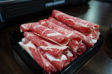 Raw japanese wagyu beef shabu shabuの写真素材