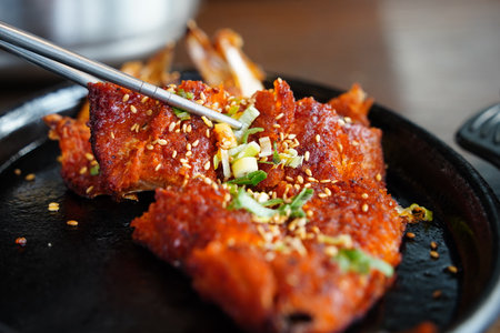 Close-up of spicy grilled or braised Korean dried pollockの写真素材