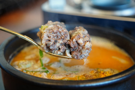 Hearty Korean Sundae Guk with Intestines and Spicy Brothの写真素材